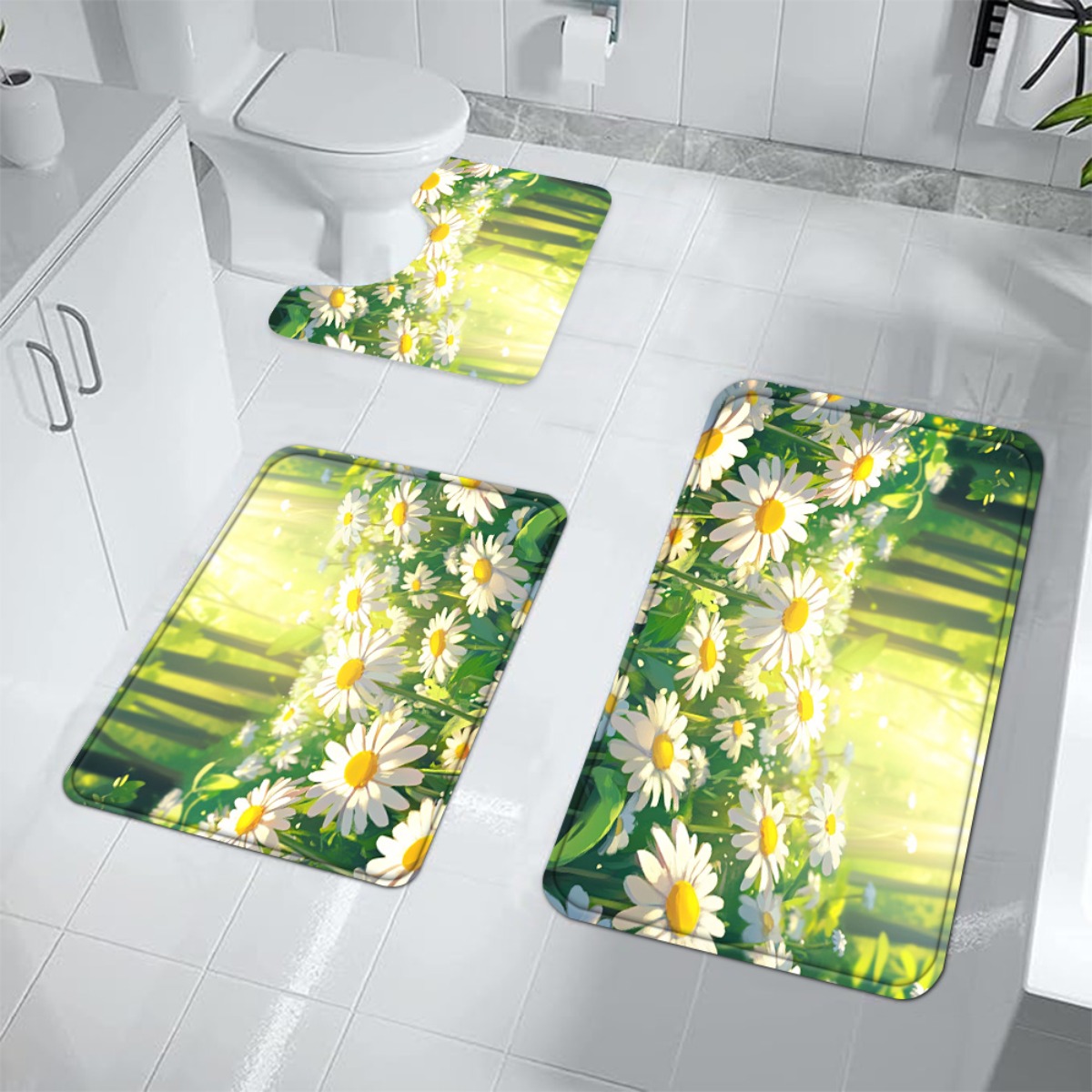 Daisy Floral Bath Mat Set Bath - Home Made Bathroom Vanity 评论和价格